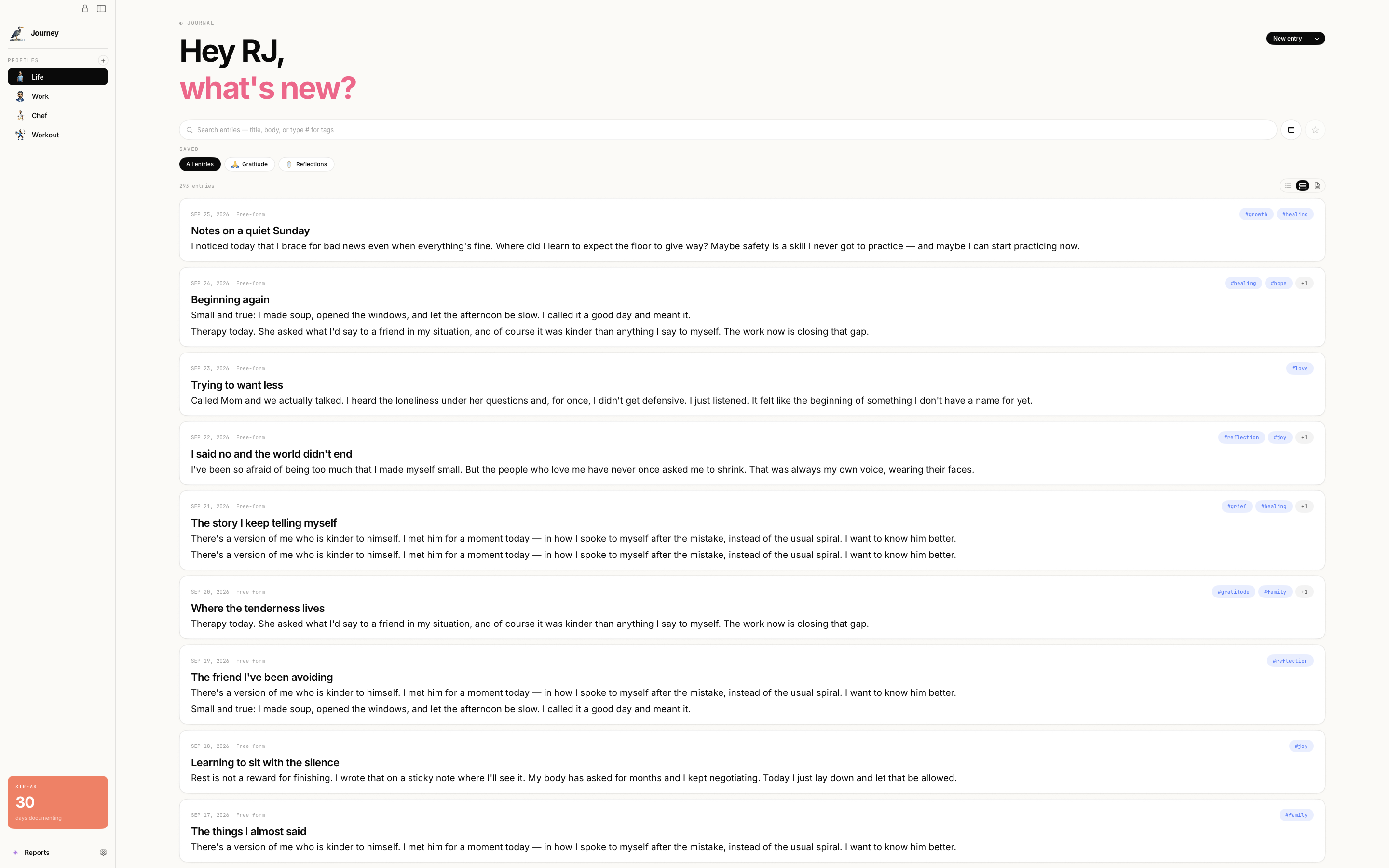 Journey's journal list with profiles, saved filters, and a writing streak.