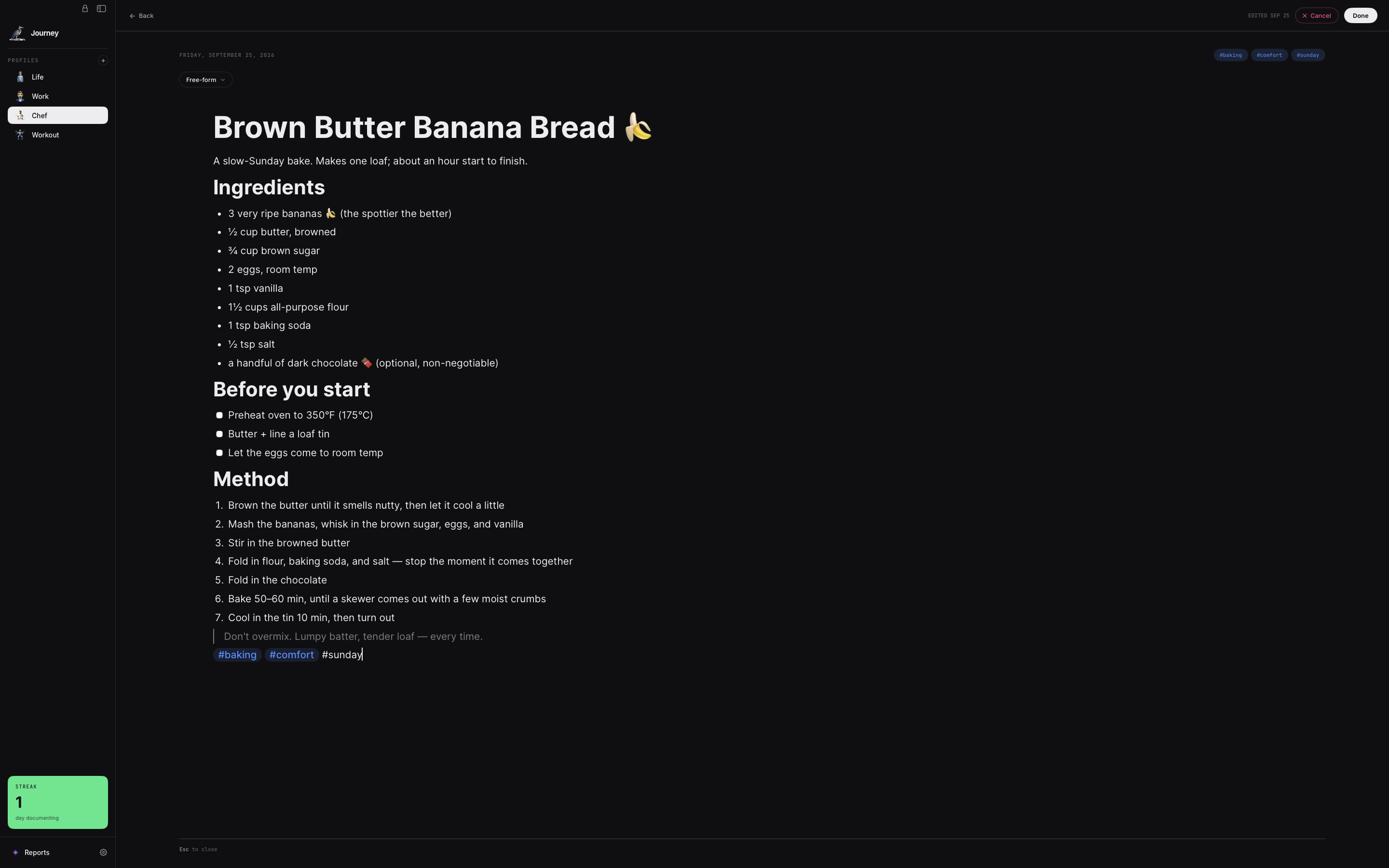 A recipe entry in a dark theme, showing Journey's customizable look.