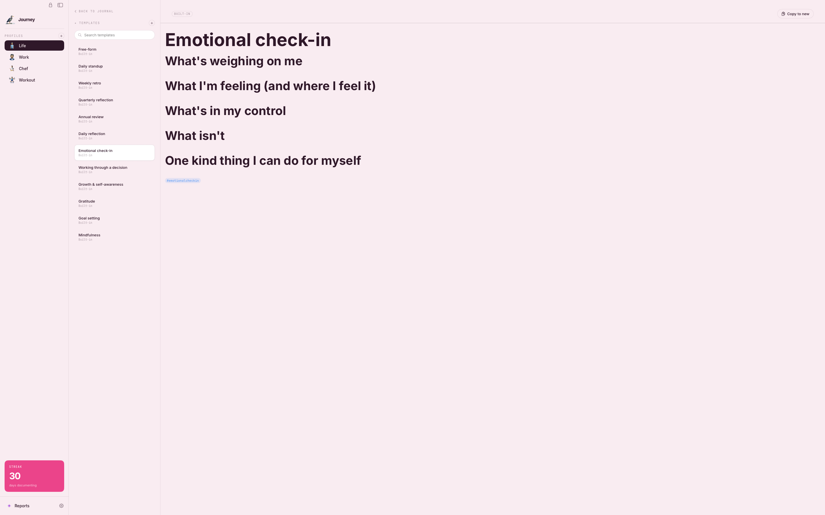 Built-in journaling templates, including an emotional check-in.